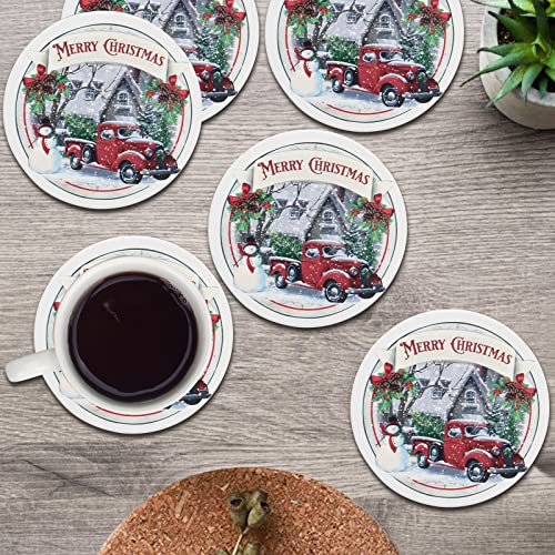 Ceramic Christmas Absorbent Coasters Set of 6 with Car Design and Cork Bottom