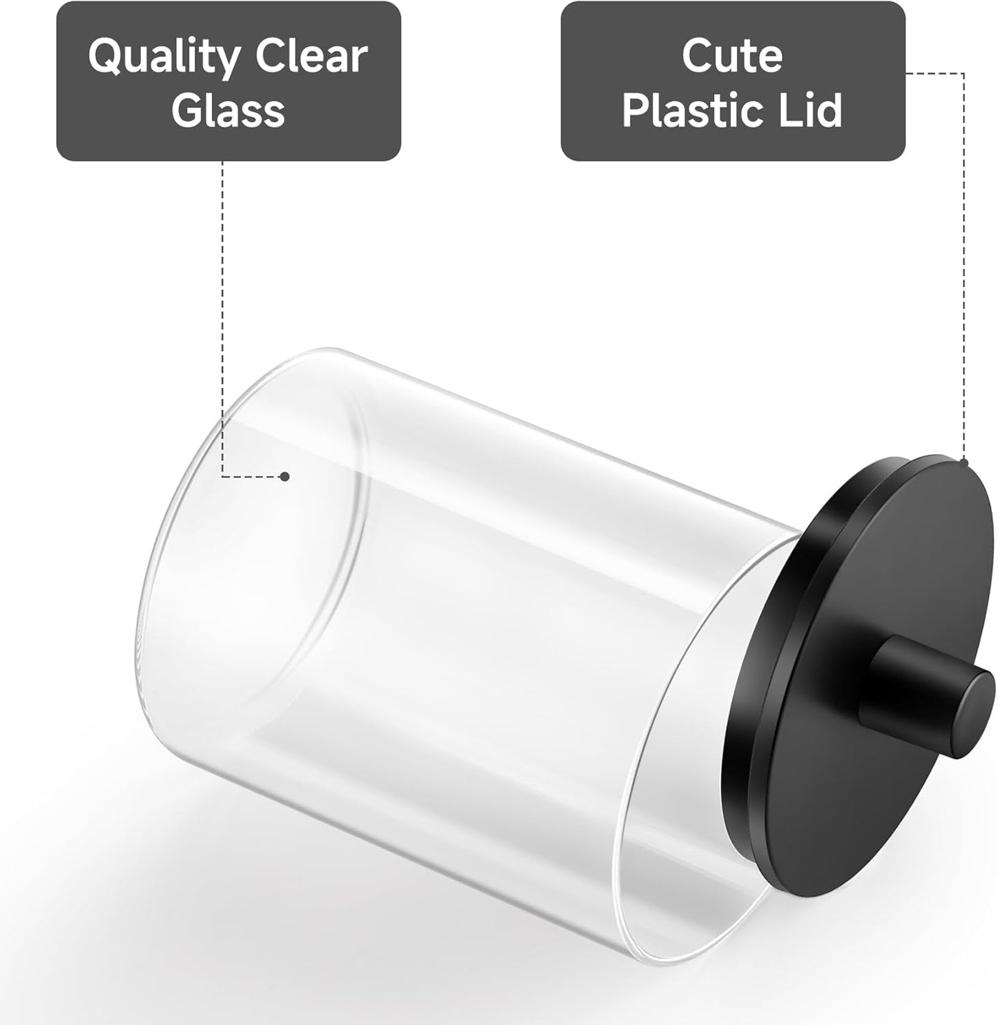 TIPGO Glass Qtip Holder Dispenser - 10 oz Clear Canister for Cotton Swabs & Makeup Storage | 2 Pack, Black