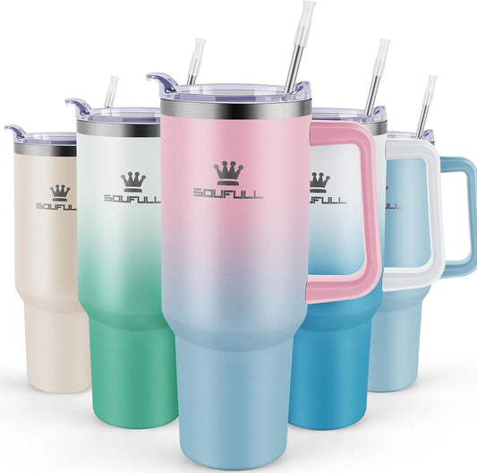 Skiennix 40 oz Tumbler - Leak-Proof Travel Coffee Mug with Handle & Straw Lid | Insulated Stainless Steel, Keeps Drinks Cold for 34Hrs or Hot for 10Hrs, Dishwasher Safe (Pink/Blue)