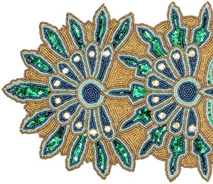 Hand Beaded Green Gold Glitz Table Runner 13x36 for Easter & Holidays - Homebia Designs