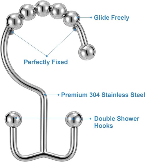 Shower Curtain Hooks Rings, TENOVEL Double Sided Shower Hooks Rust Proof for Bathroom Shower Rods Curtain, Durable Stainless Steel Bathroom Shower Curtain Hangers,Chrome,Set of 12