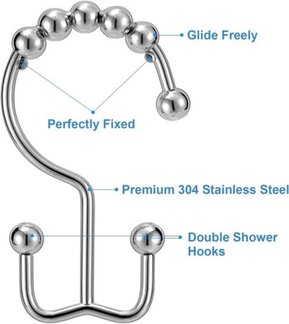 Shower Curtain Hooks Rings, TENOVEL Double Sided Shower Hooks Rust Proof for Bathroom Shower Rods Curtain, Durable Stainless Steel Bathroom Shower Curtain Hangers,Chrome,Set of 12