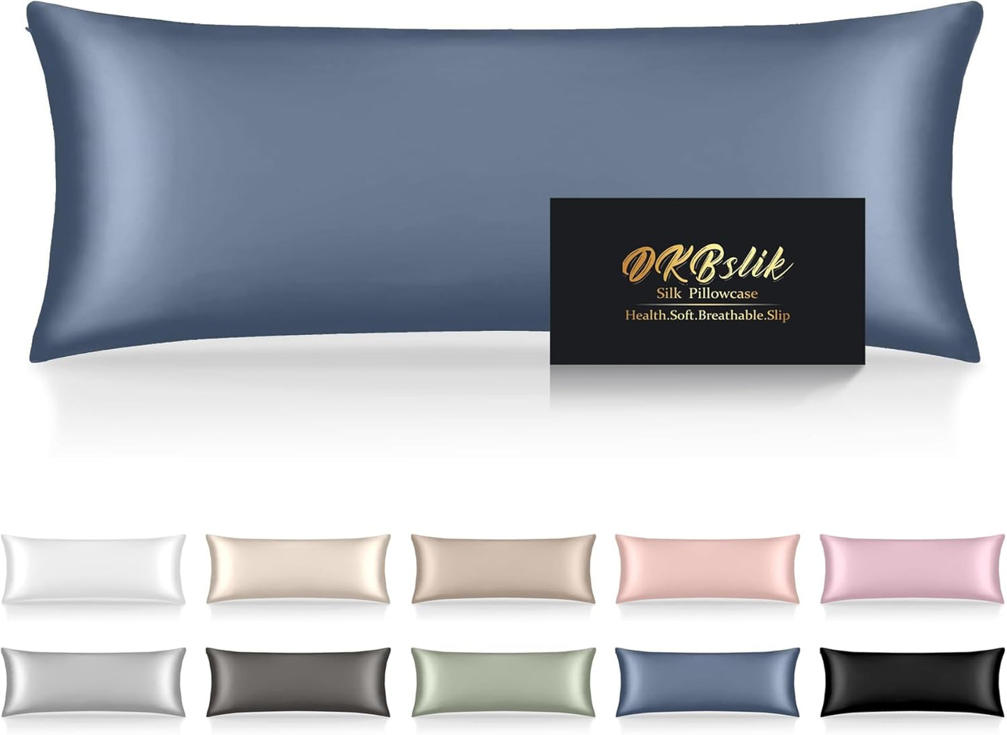 Skiennix Silk Body Pillow Case - Mulberry Silk Cover with Zipper, Cooling & Anti-Acne, 20x54, Ash Blue
