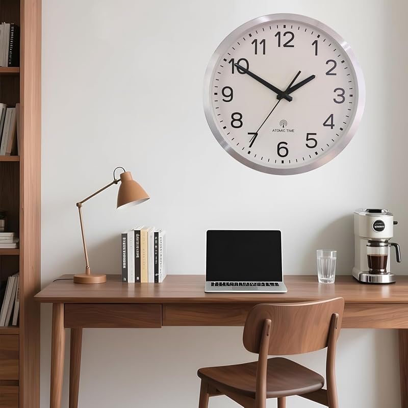 Atomic 12-Inch Wall Clock with Silver Aluminum Frame – Radio Controlled