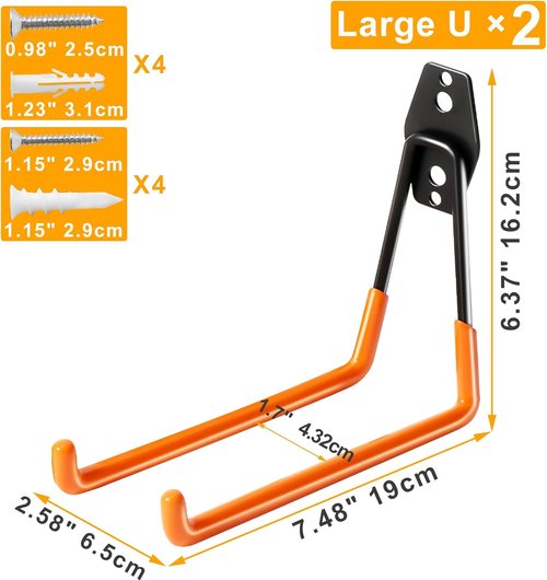 KURUI Heavy Duty Garage Hooks - 2 Pack Metal Wall Mount Utility Hooks for Ladder & Tool Storage