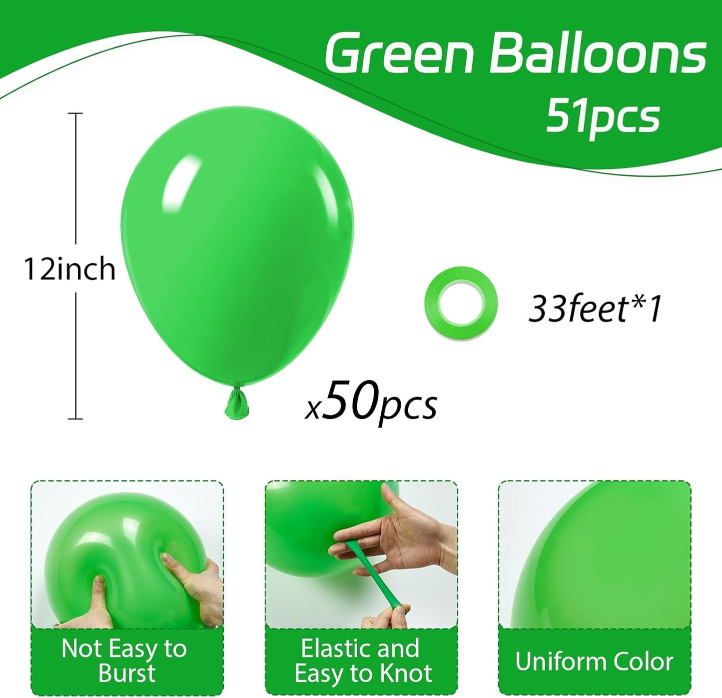 Awenztech Green Balloons - 12-Inch Latex Party Balloons | 50-Pack for Birthday & Baby Shower Decor