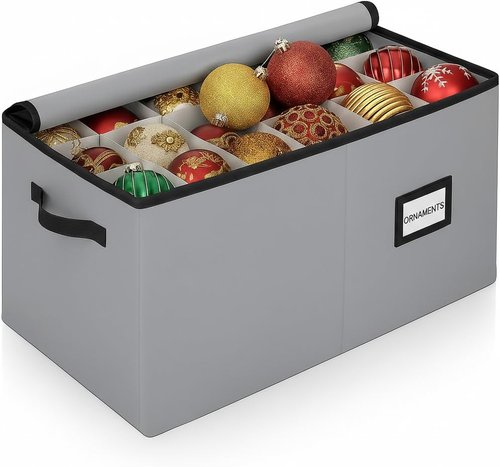 Christmas Ornament Storage Container - Large Adjustable Organizer Bin for 54 Ornaments, Zippered, Grey