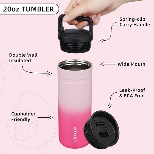 BJPKPK Insulated Water Bottle - 20 oz Double Wall Stainless Steel Tumbler with 2 Lids | Cherry Blossom Design