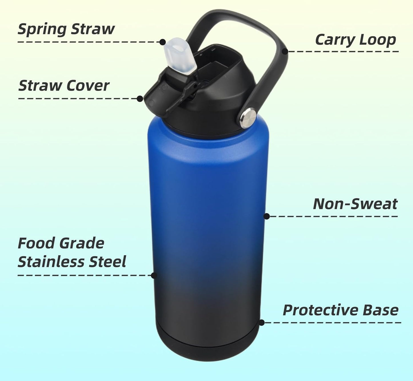 Skiennix Insulated Water Bottle - 32 oz Stainless Steel with Straw Lid & Silicone Handle - Black/Blue