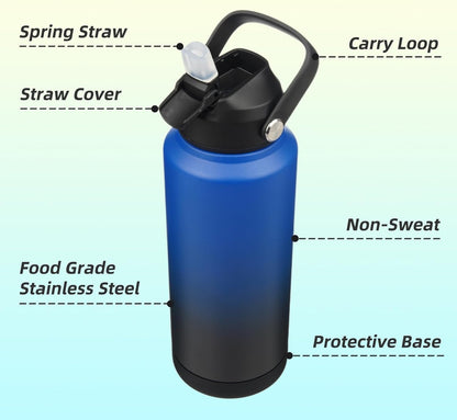 Skiennix Insulated Water Bottle - 32 oz Stainless Steel with Straw Lid & Silicone Handle - Black/Blue