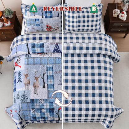 King Size Christmas Quilt Set Blue Buffalo Plaid Bedding with Pillowcases - Seasonal Home Decor