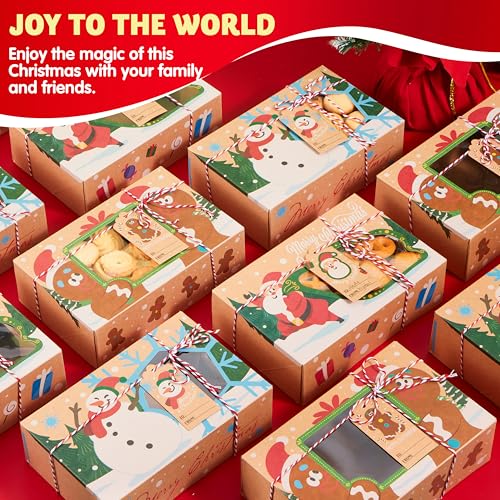 24-Piece Christmas Cookie Boxes with Window - Kraft Design Pastry Box Set, Auto-Popup Gift Boxes 8.75 x 5.75 x 2.75, JOYIN