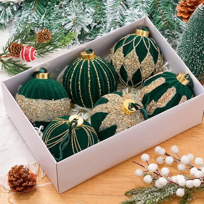 Dark Green Velvet Christmas Ball Ornaments 4 Inch Set of 6 - Holiday Decor