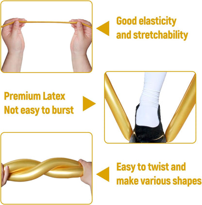 Skiennix 260 Metallic Gold Balloons - Long Latex Twisting Balloons for Animal Modeling | 100 Pcs