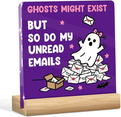 Funny Halloween Office Decor - Cute Ghost Acrylic Sign for Desk | 4x4 Inches - Perfect Work Gift