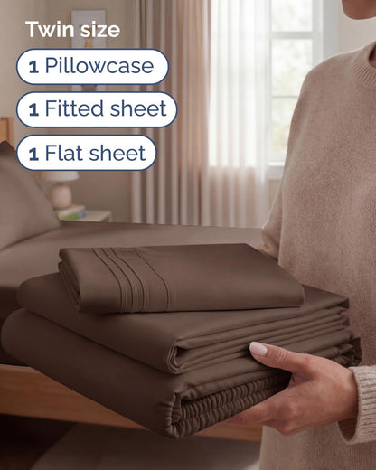 Skiennix Twin Size Sheet Set - Comfy Cooling Bed Sheets - Ultra-Soft, Deep Pockets, Wrinkle-Free - Brown
