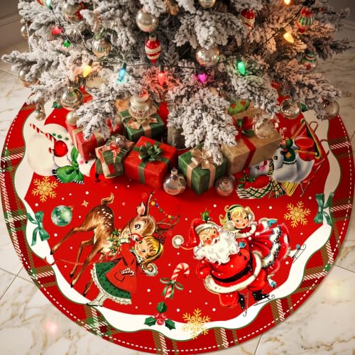Vintage Christmas Tree Skirt with Santa and Retro Design, 48 Inch