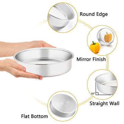 TeamFar 9½ Inch Cake Pan, Round Tier Cake Pans Set Stainless Steel for Baking Steaming Serving, Perfect for Birthday Wedding Celebrations, Healthy & Sturdy, Mirror Finish & Dishwasher Safe - Set of 2