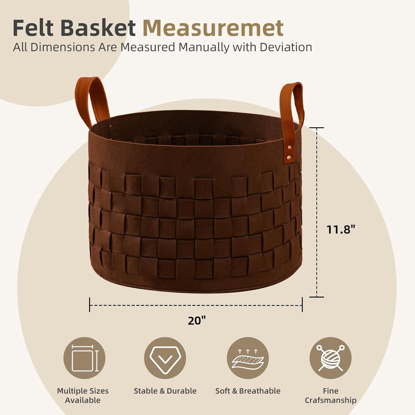 BOLDMONKEY Laundry Basket - Large Felt Fabric Hamper with Leather Handle | 20" x 20" x 11.8" - Brown