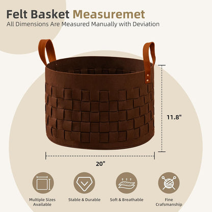 BOLDMONKEY Laundry Basket - Large Felt Fabric Hamper with Leather Handle | 20" x 20" x 11.8" - Brown