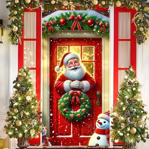 Christmas Door Cover Santa Pine Greenery 35x71 Inch Holiday Decor - Green & Red
