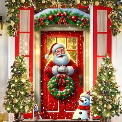 Christmas Door Cover Santa Pine Greenery 35x71 Inch Holiday Decor - Green & Red