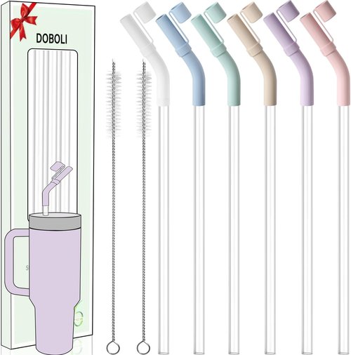 Doboli Reusable Drinking Straws - 6 Pack with Silicone Tips for Stanley 40 oz & 30 oz Tumblers | Includes Cleaning Brushes
