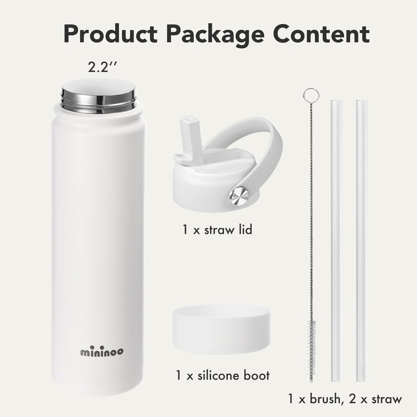 Mininoo Insulated Stainless Steel Water Bottle - BPA-Free, Leak-Proof Design, 24 oz, White