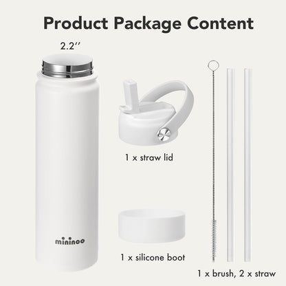 Mininoo Insulated Stainless Steel Water Bottle - BPA-Free, Leak-Proof Design, 24 oz, White