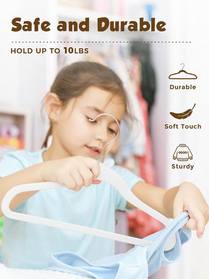 Smartor Kids Velvet Hangers - 50 Pack Non-Slip Felt Hangers for Toddler Clothes | 14 Inch, White with Rose Gold Hook