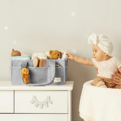 Sweety Fox Baby Diaper Caddy Organizer - Portable Sherpa Nursery Basket in Grey | Perfect for Baby Showers