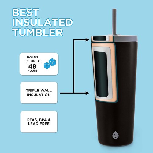 GROSCHE Jasper Insulated Stainless Steel Tumbler - 23 oz Travel Cup with Lid & Straw, Sleek Black Design