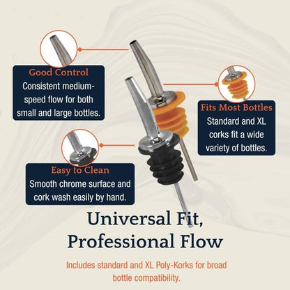Liquor Pour Spouts with Dust Caps for Bottles, 4-Pack of 2 Sizes, Free Flow for Accurate Shots, Leakproof, No Drip Flow Control for Whiskey, Vodka, Tequila, Home & Bartender Use, USA Made
