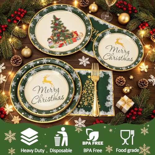 Christmas Paper Plates and Napkins Set - Green Holiday Tableware for 50 Guests