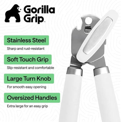 GORILLA GRIP Heavy Duty Can Opener - Smooth Edge, Comfortable Handle, Oversized Knob | White