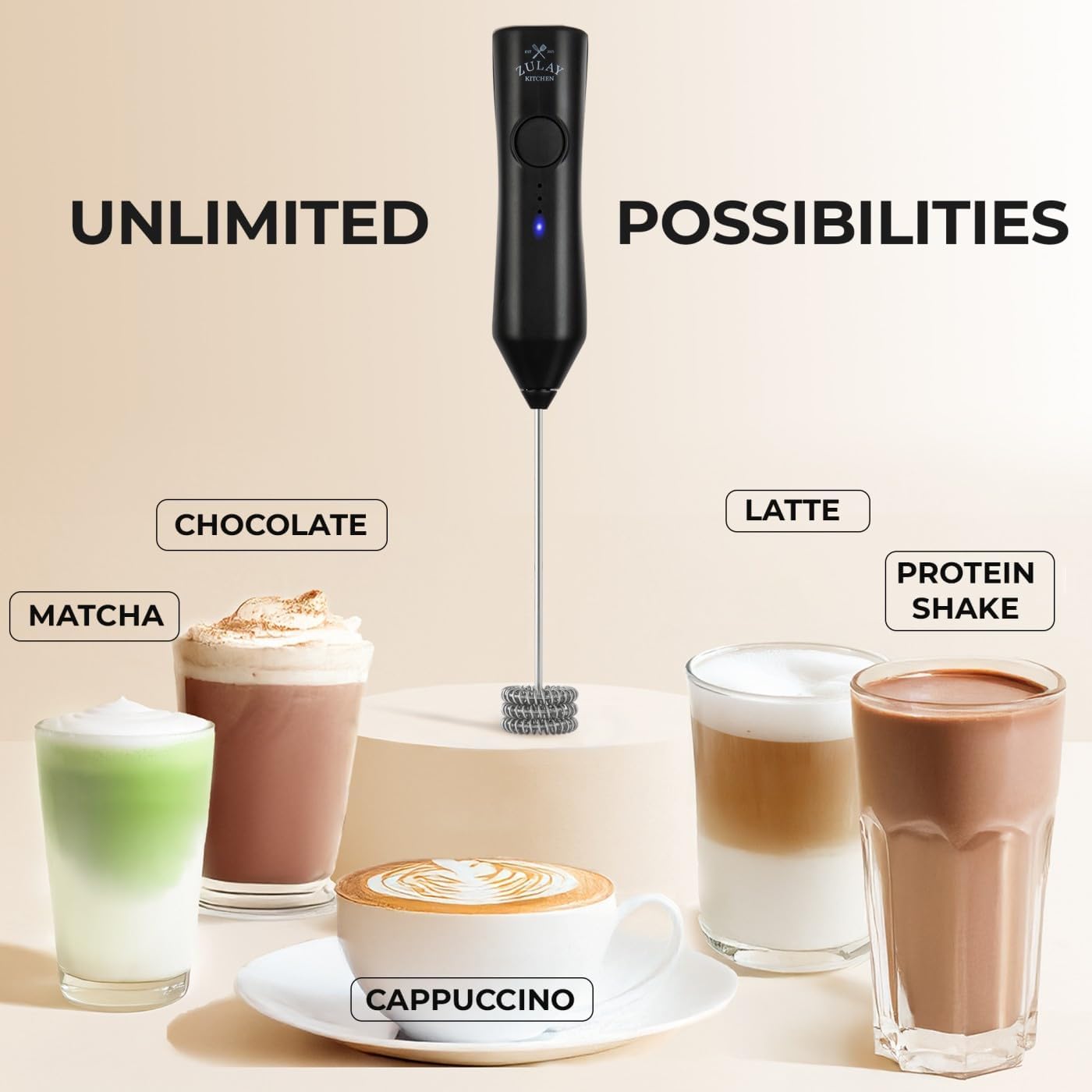Zulay Kitchen Rechargeable Milk Frother - Dynamic - 3 Speeds, 3 Whisk Attachments, 500 mAh USB Charging, Drink Mixer For Latte, Cappuccino, Matcha, Protein Powder, Coffee Foam - Black