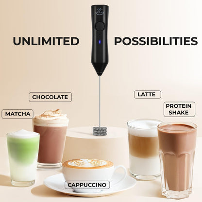 Zulay Kitchen Rechargeable Milk Frother - Dynamic - 3 Speeds, 3 Whisk Attachments, 500 mAh USB Charging, Drink Mixer For Latte, Cappuccino, Matcha, Protein Powder, Coffee Foam - Black