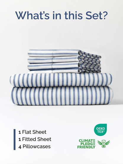 Skiennix Extra Deep Queen Sheet Set - 6 Piece Breathable Cooling Bedding - Soft Wrinkle-Free Blue Stripes