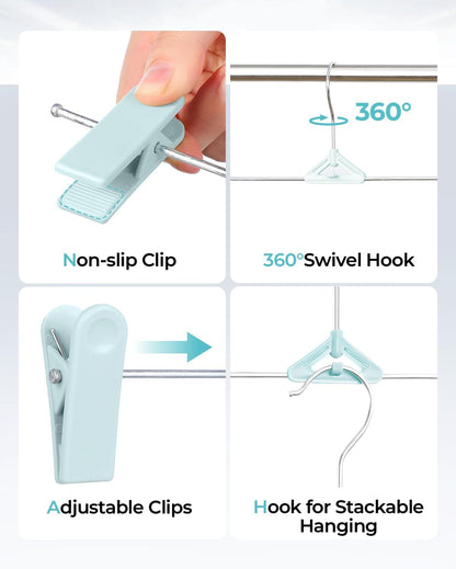 Skiennix Pants Hangers with Clips - 30 Pack Adjustable Non-Slip Skirt Hangers | Space-Saving Closet Organizer