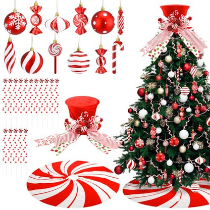 Candy Cane Christmas Decorations Set with Tree Skirt and Topper - Holiday Peppermint Theme