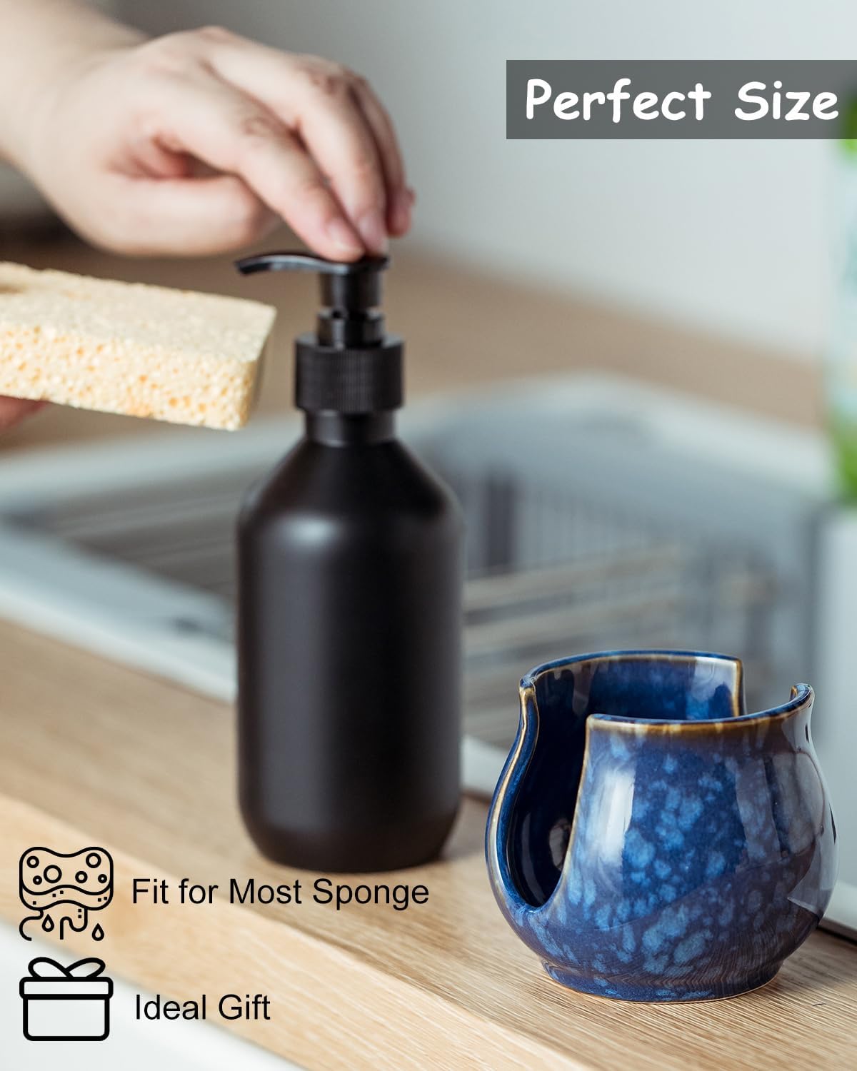 Skiennix Ceramic Sponge Holder - Kitchen Sink Organizer for Scrubbers | Blue Dish Rack
