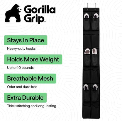 GORILLA GRIP Over The Door Shoe Organizer - 12 Large Breathable Mesh Pockets | Space-Saving Hanging Storage, Black 64H x 9.5W
