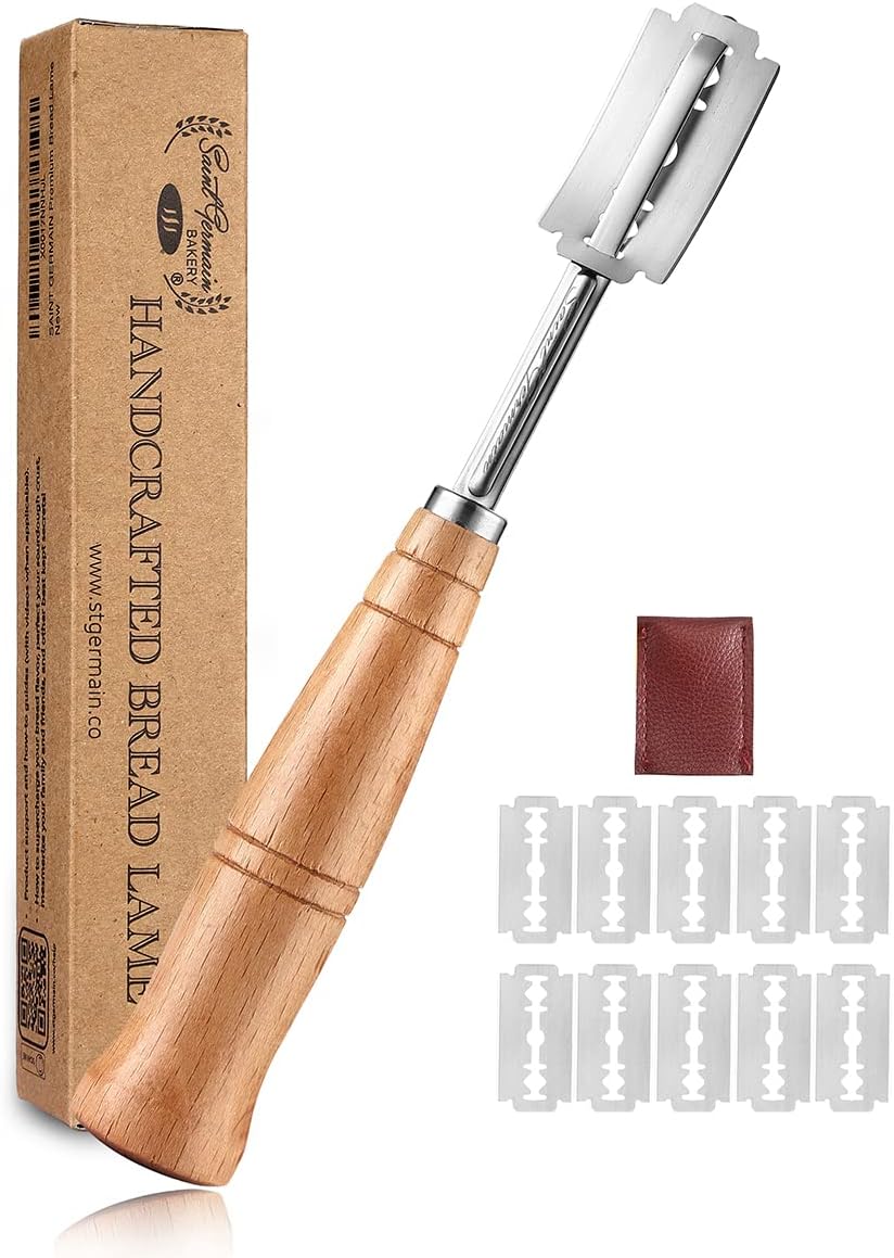 SAINT GERMAIN Premium Bread Lame - Handcrafted Dough Scoring Knife with 10 Replacement Blades & Leather Cover