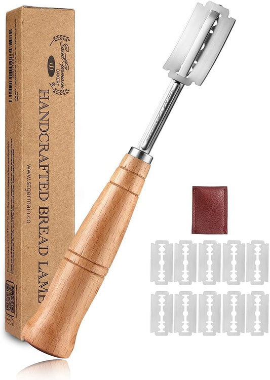 SAINT GERMAIN Premium Bread Lame - Handcrafted Dough Scoring Knife with 10 Replacement Blades & Leather Cover