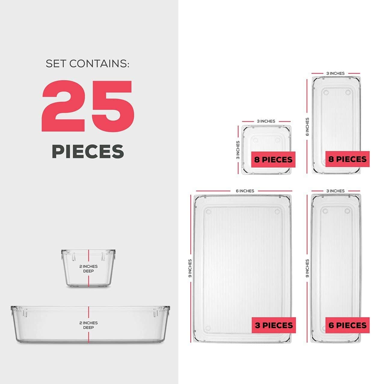 Seseno 25 PCS Clear Plastic Drawer Organizers - Versatile Storage Bins for Makeup, Kitchen & Office Accessories