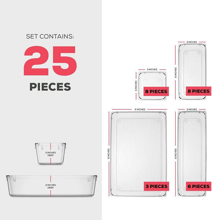 Seseno 25 PCS Clear Plastic Drawer Organizers - Versatile Storage Bins for Makeup, Kitchen & Office Accessories