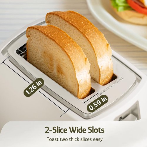 Hazel Quinn 2-Slice Compact Toaster - Wide Slots for Thick Bread & Bagels, 6 Browning Levels | White