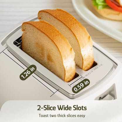 Hazel Quinn 2-Slice Compact Toaster - Wide Slots for Thick Bread & Bagels, 6 Browning Levels | White