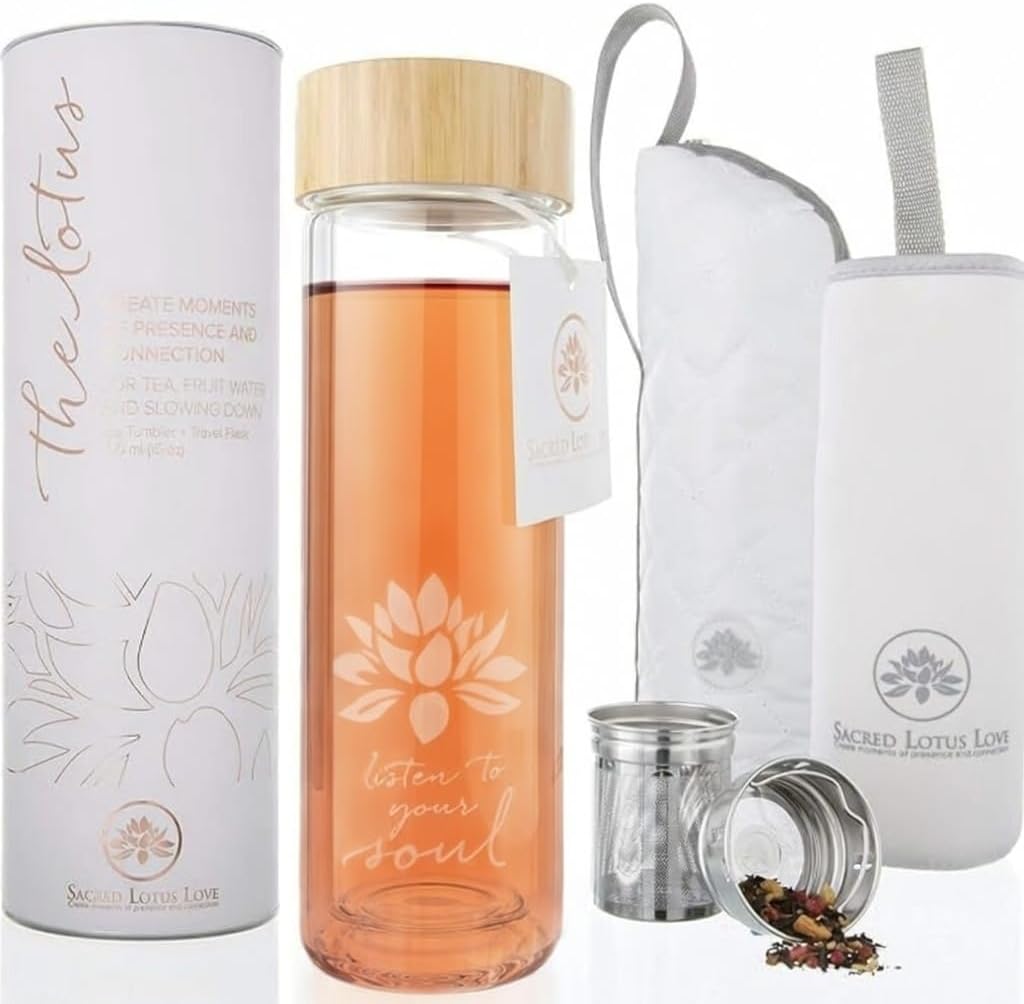 Sacred Lotus Love Double-Walled Glass Tea Tumbler - 15oz Infuser for Loose Leaf Tea & Travel Sleeve