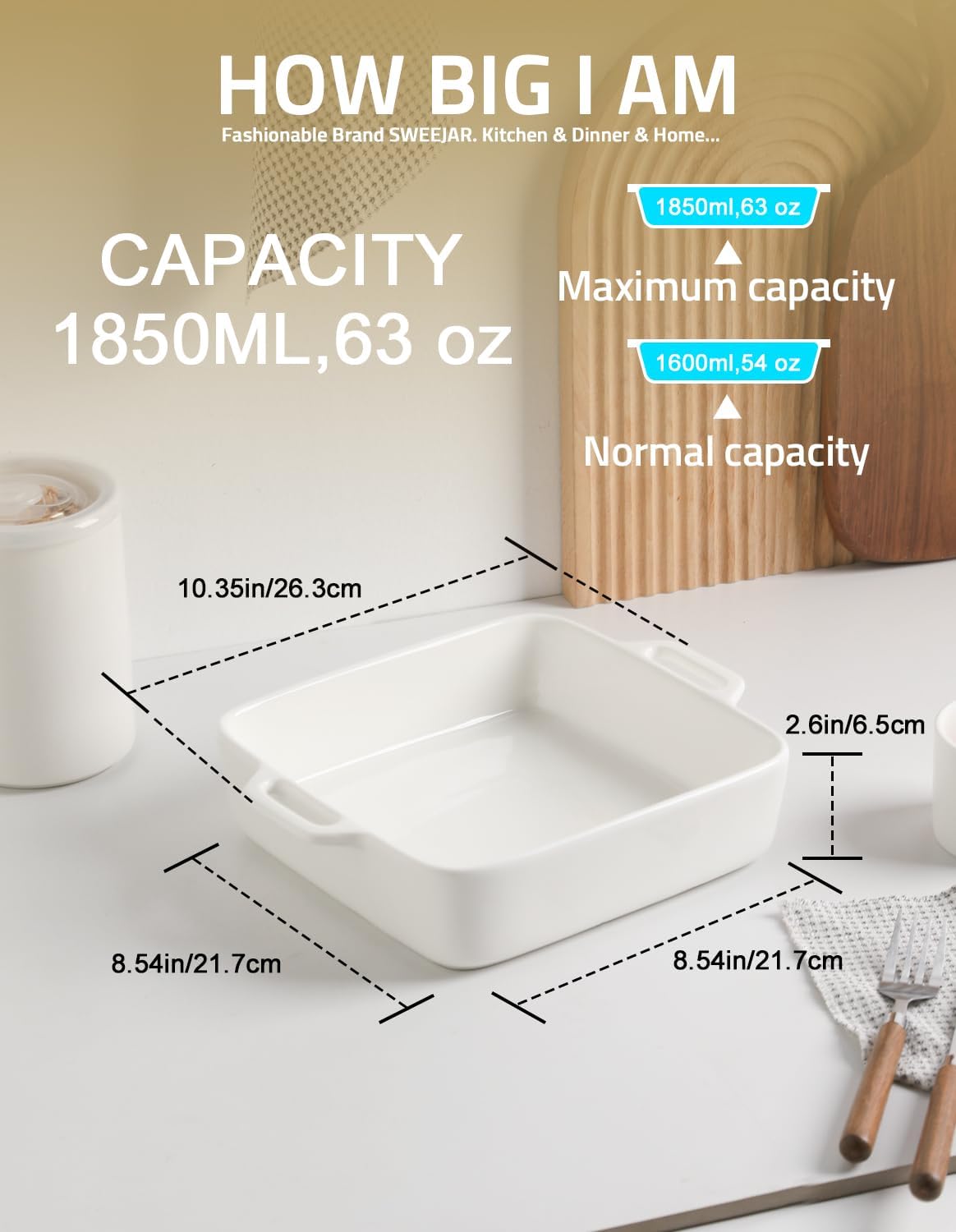 Sweejar 8x8 Baking Pan - Ceramic Casserole Dish with Double Handles | 2 QT White Square Dish for Brownies & Lasagna
